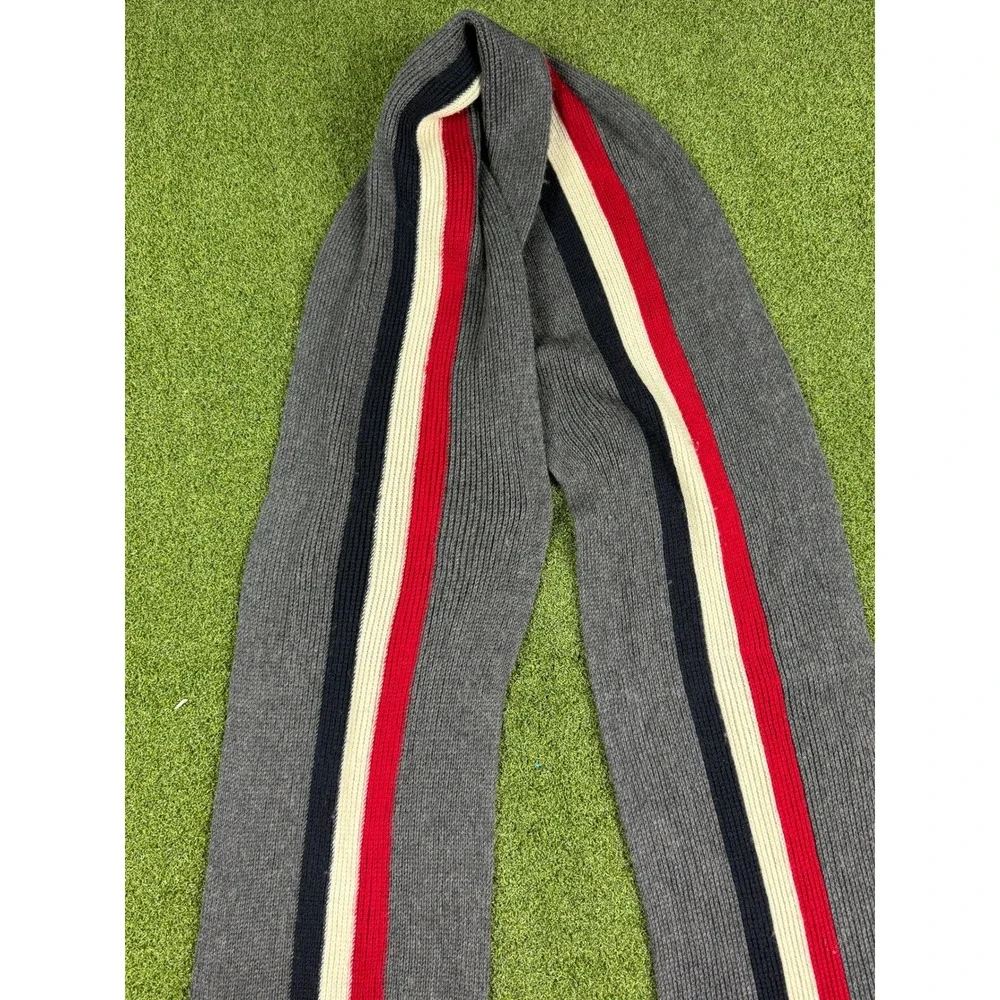 Moncler Wool Scarf Gray Red‎ Navy Stripe Logo Fringe Unisex - Picture 8 of 16